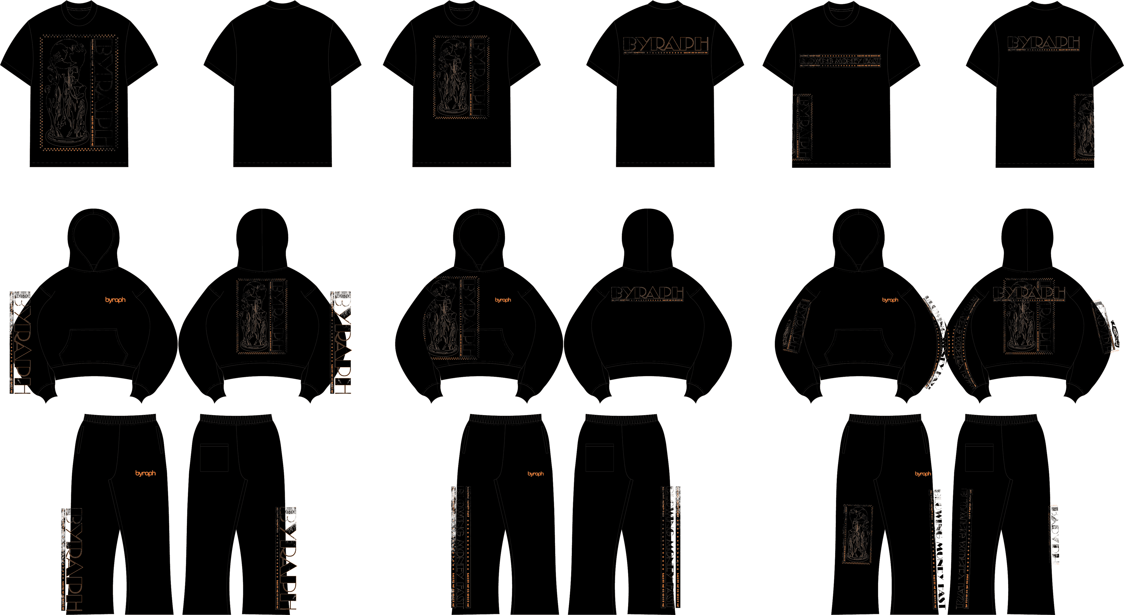 BYRAPH apparel line sheet — Black garments