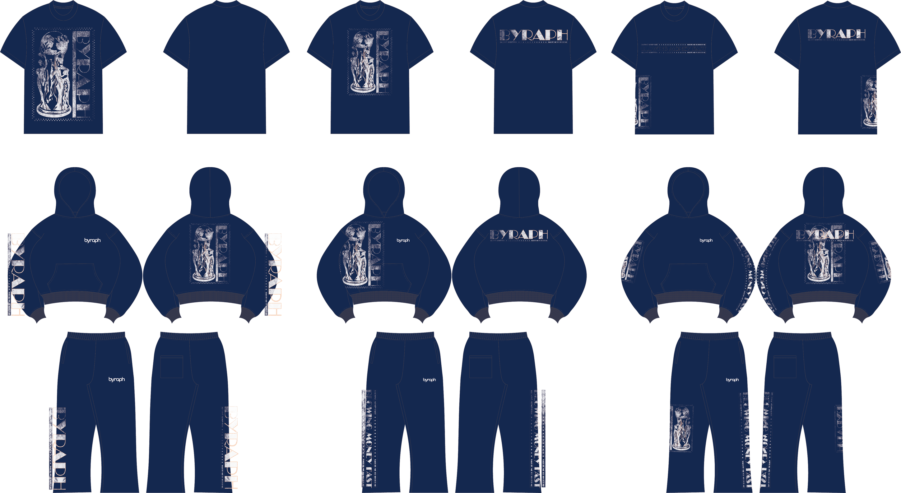 BYRAPH apparel line sheet — Navy garments
