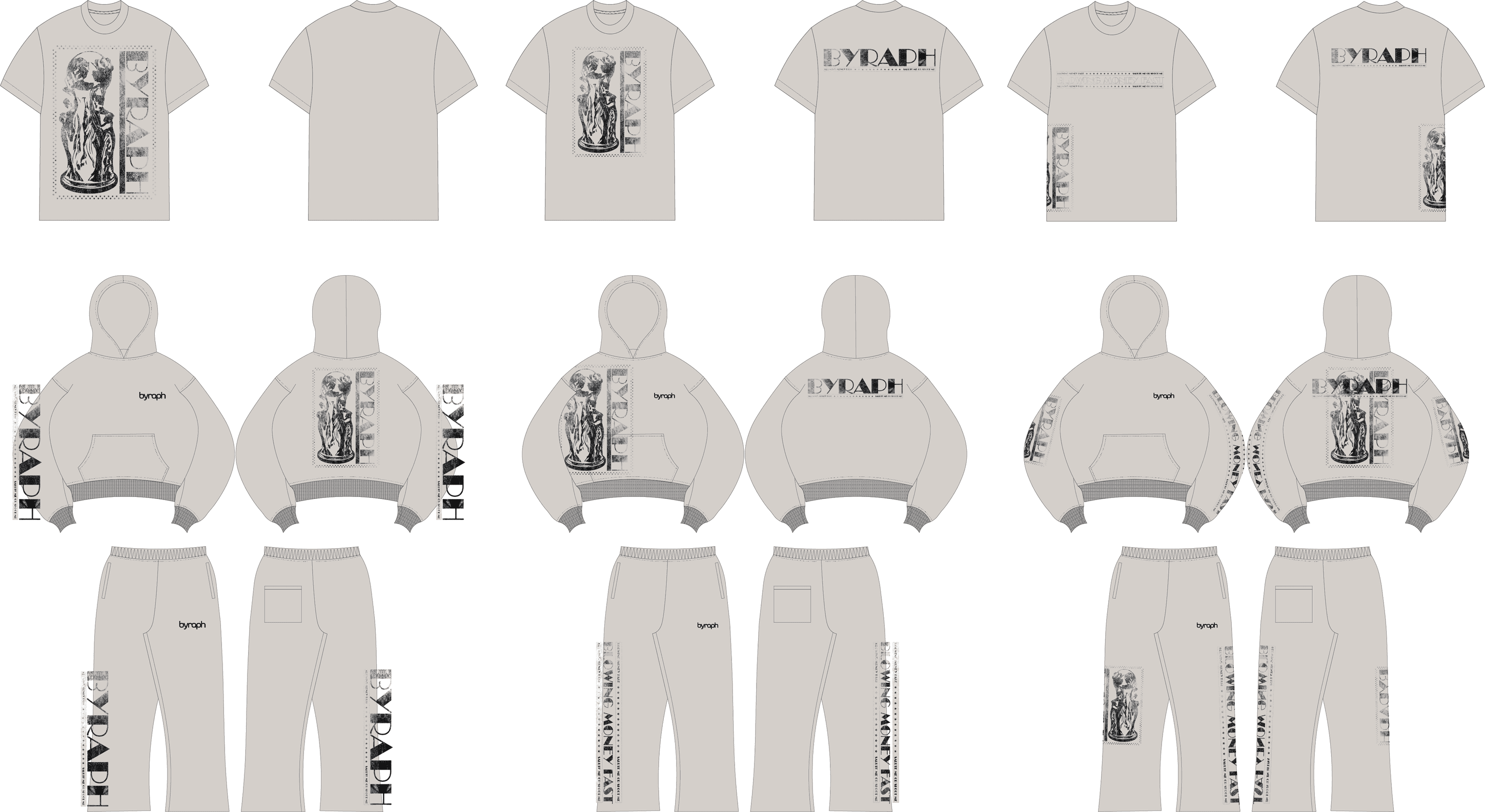 BYRAPH apparel line sheet — Oatmeal garments